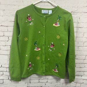 Vintage Christmas Cardigan Sweater Flamingo Palm Tree Beach Medium Women Green